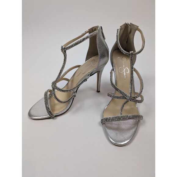 Jessica Simpson Sidra Strappy Sandals in Silver Sparking Crystals Stiletto Heels - Picture 1 of 9